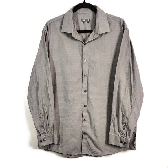 KENNETH COLE Grey Cotton Slim Fit Button-Down 17.5 34-35 Men's Long Sleeve Shirt - Picture 2 of 6